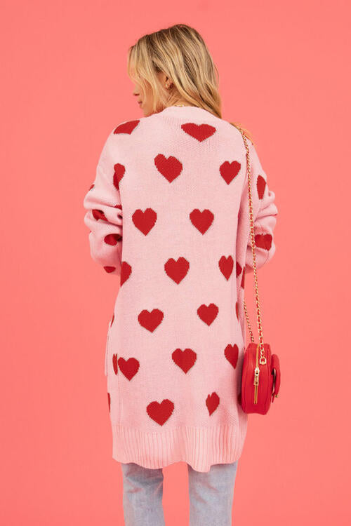 Heart Graphic Open Front Cardigan with Pockets Fashion Sweater