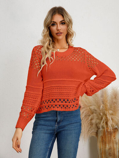 Womens Crochet Sweater Long Sleeve Casual Cutout Round Neck Knit Top