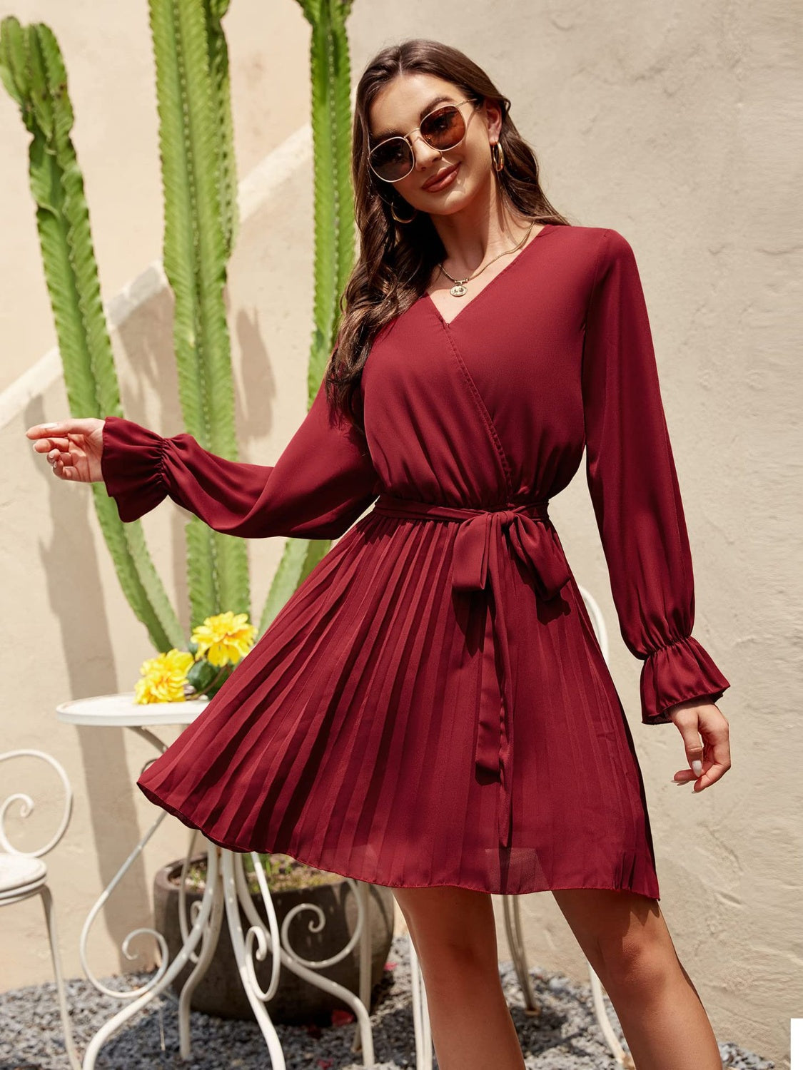 Long Sleeve Short Dress Women's Fashion Surplice Flounce Sleeve Pleated Mini Dress KESLEY