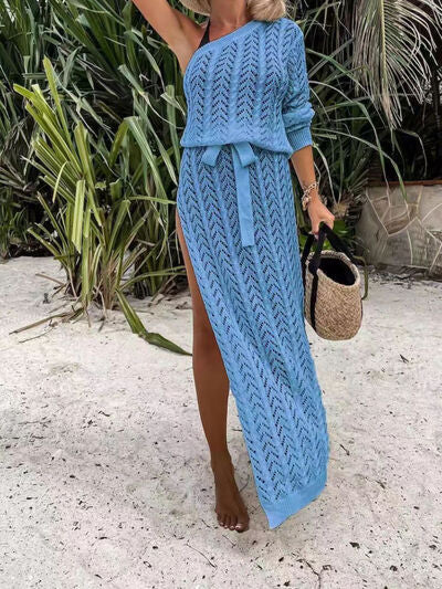 Swimsuit Cover-up Slit Openwork Single Shoulder Knit Dress