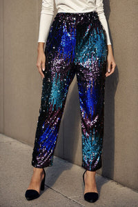 Womens Sparkly Pants Sequin Contrast High Waist Pants