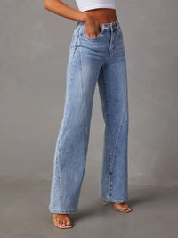 Blue Jeans High Waist Straight Leg Jeans with Pockets Asymmetrical Design Cotton Premium Jeans