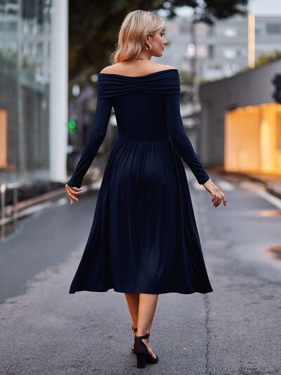 Womens Off-Shoulder Comfortable Ruched Midi Flare Dress for Special Occasions Elegant