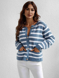 Womens Open Sweater with Buttons Striped Button Front Cardigan