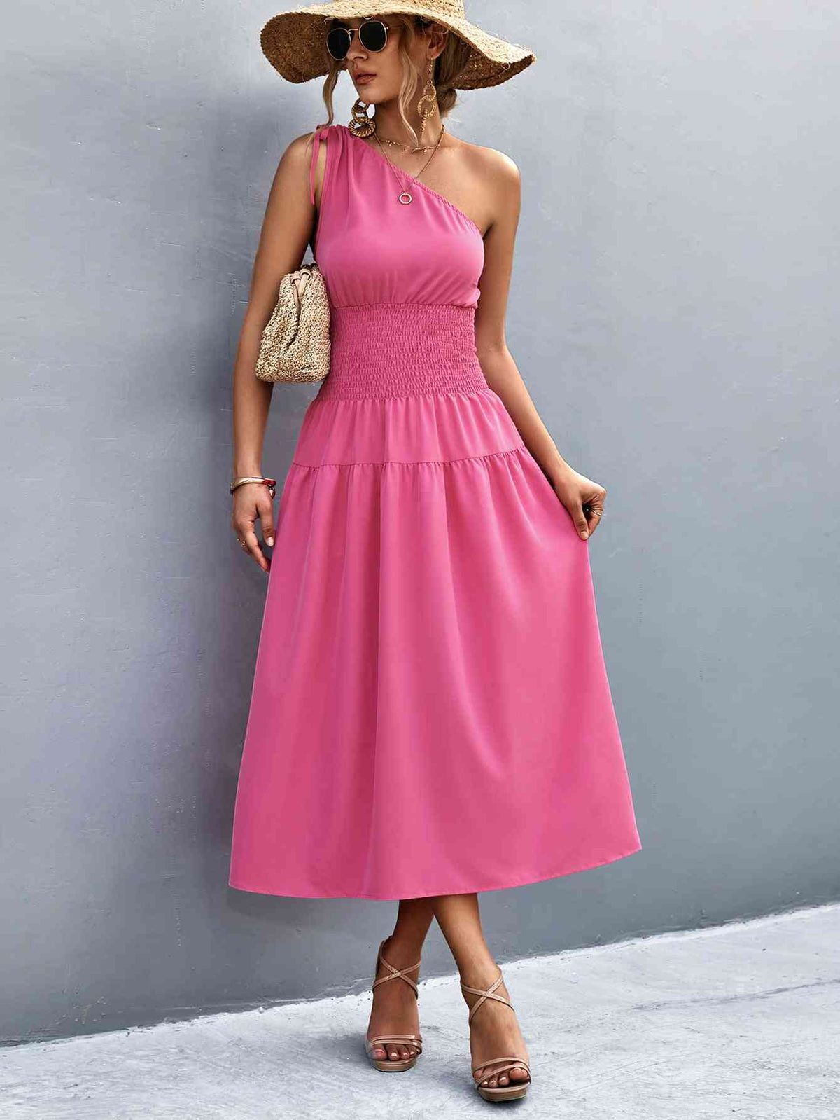 Women's Casual Maxi Dress Asymmetrical One Shoulder Smocked Waist Midi Dress