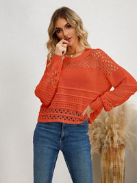 Womens Crochet Sweater Long Sleeve Casual Cutout Round Neck Knit Top