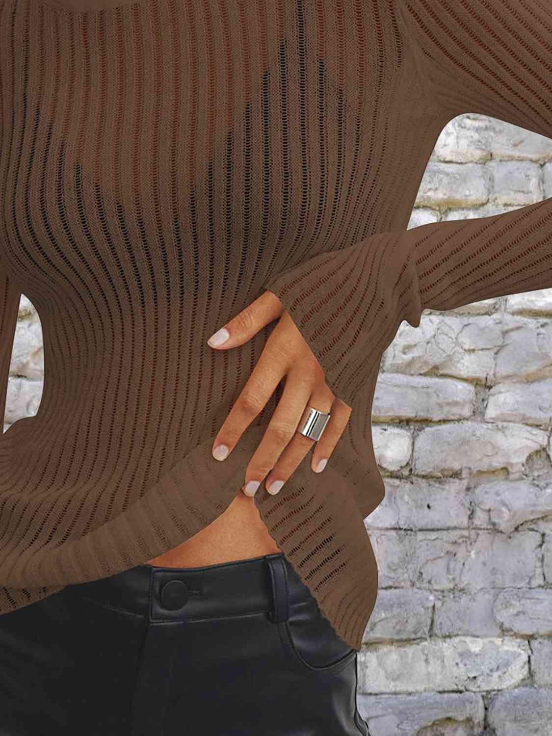 Women's Cotton Sheer See Through Round Neck Long Sleeve Ribbed Knit Top