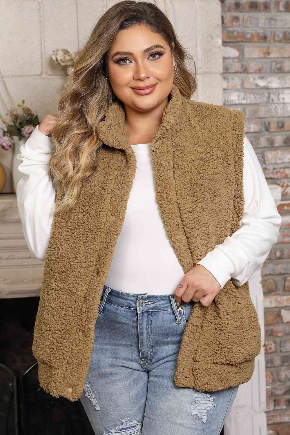 Plus Size Collared Neck Open Front Sweater Vest Womens Fashion