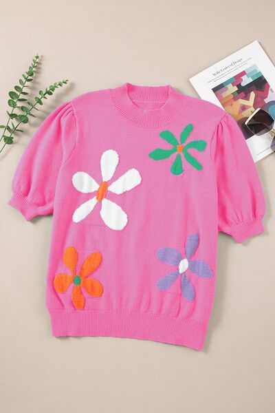 Flower Mock Neck Short Sleeve Womens Fashion Sweater