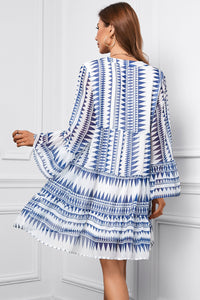 Printed Notched Neck Flare Sleeve Tiered Dress