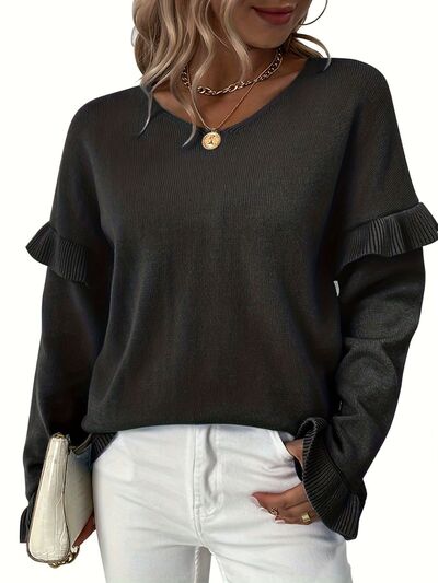 V-Neck Ruffle Trim Long Sleeve Fashion Sweater Women’s Fashion