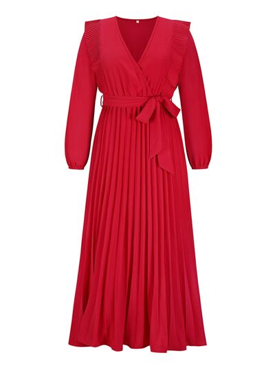 Long Sleeve Maxi Dress Pleated Surplice Waist Tie Midi