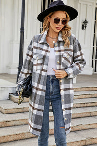 Plaid Button Up Collared Neck Coat Jacket Long Sleeve Button Down Shirt with Pockets