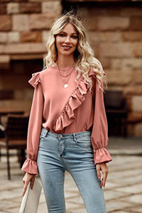 Womens Casual Blouse Shirt Ruffled Round Neck Long Sleeve Top