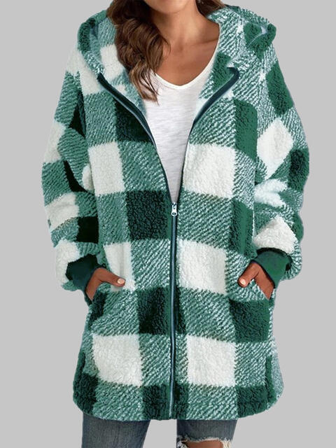 Checkered Plaid Zip-Up Hooded Jacket with Pockets