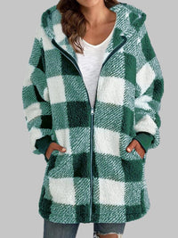 Checkered Plaid Zip-Up Hooded Jacket with Pockets