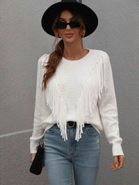 Fringe Long Sleeve Shirt Detail Ribbed Trim Sweater