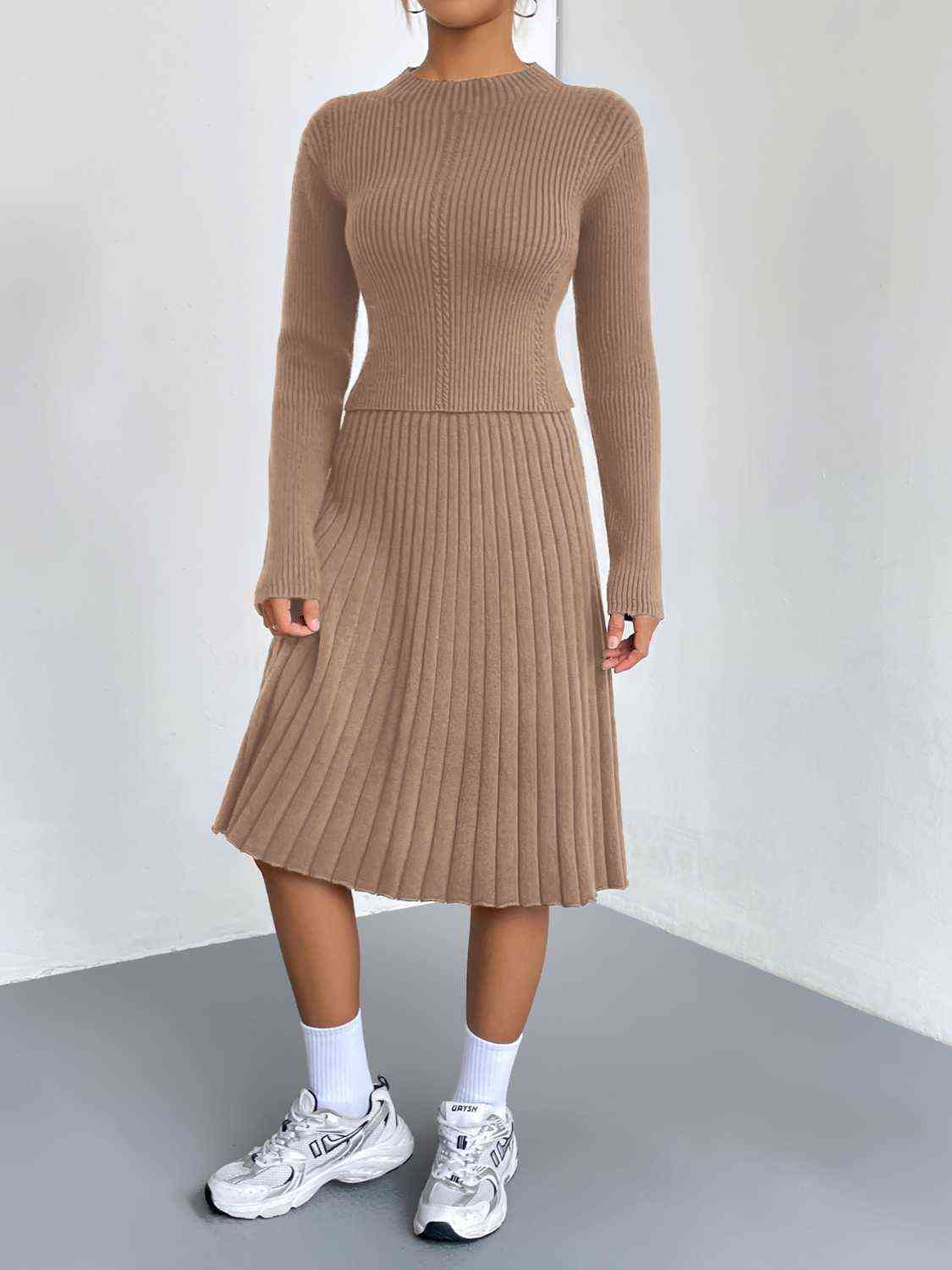 Fashion Outfit Set Rib-Knit  Long Sleeve Sweater Shirt and Long Midi Skirt