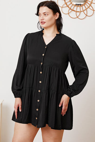 Ruffled Button Up Long Sleeve Tiered Shirt Dress