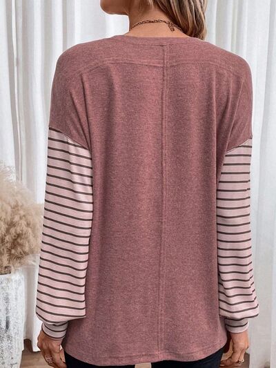 Round Neck Striped Long Sleeve Slit T-Shirt