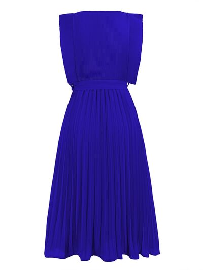 Round Neck Tie -Waist Pleated Short Sleeve Midi Dress Womens Fashion