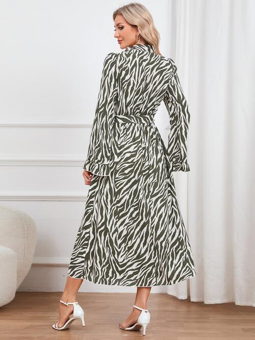 Animal Print Tie Front Ruffle Trim Long Sleeve Casual Maxi Midi Dress