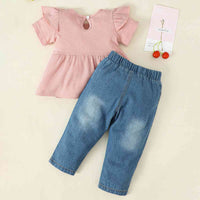 Bow Detail Short Sleeve Top and Distressed Jeans Set Baby Girl Fashion Kids Fashion