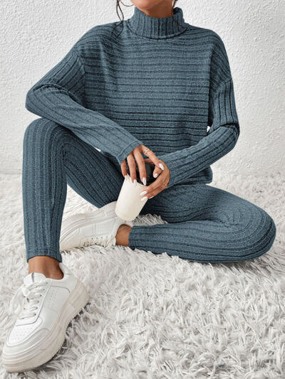 Womens Ribbed Turtleneck Top and Pants Set Loungewear Casual Fashion Sets