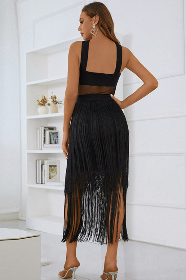 Women's Sexy Spliced Mesh Fringe Hem Sleeveless Midi Dress