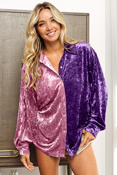 Velvet Contrast Button Up Long Sleeve Shirt Women’s Fashion Top