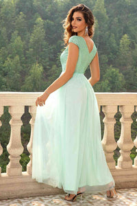 Sequin V-Neck Mesh Puffy Elegant Maxi Formal Party Dress