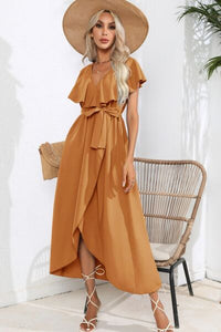 Ruffled Waist Tied V-Neck Midi Maxi Dress Casual Womens Fashion