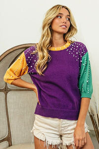 Color Block Pearl Detail Round Neck Sweater