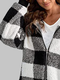 Checkered Plaid Zip-Up Hooded Jacket with Pockets