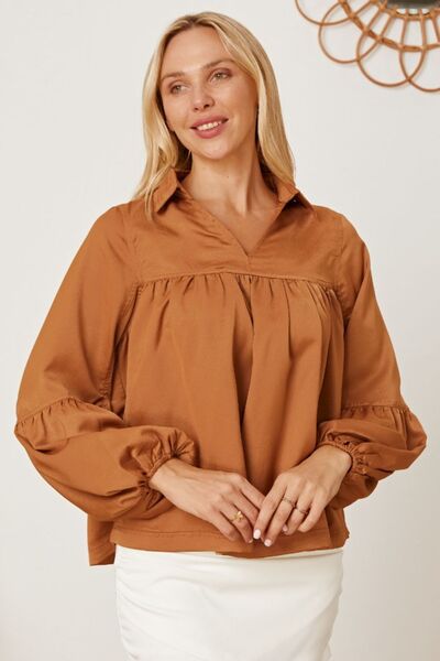 Women's Casual Long Sleeve Shirt V Neck Balloon Sleeve Collared Neck Blouse