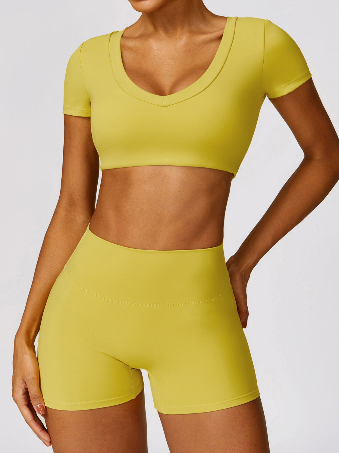 Matching Yoga Outfit Set Women's Crop top and shorts leggings Gym Clothes Scoop Neck Short Sleeve Cropped Active T-Shirt