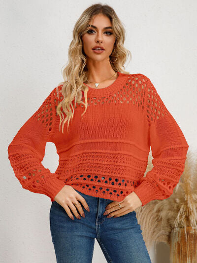 Womens Crochet Sweater Long Sleeve Casual Cutout Round Neck Knit Top