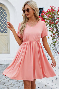 Womens V-Neck Balloon Short Sleeve Dress