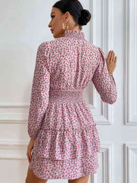 Floral Ruffle Collar Smocked Cinched Waist Layered Dress