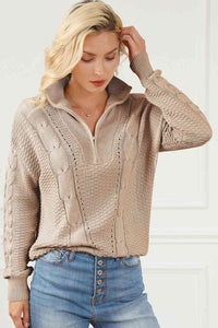 Cable-Knit Half Zip Long Sleeve Sweater