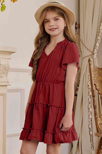 Girls Frilled Notched Neck Puff Sleeve Dress Kids Fashion and Clothing