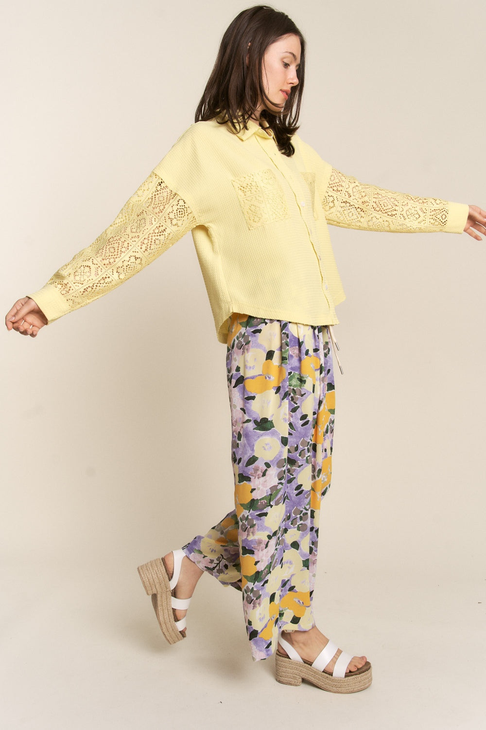 Yellow Button Down Lace Long Sleeve Waffle Shirt Women's Fashion KESLEY