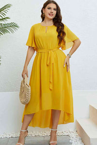 Women's Yellow Short Sleeve Dress Casual Belted Flutter Sleeve High-Low Dress Plus Size Fashion