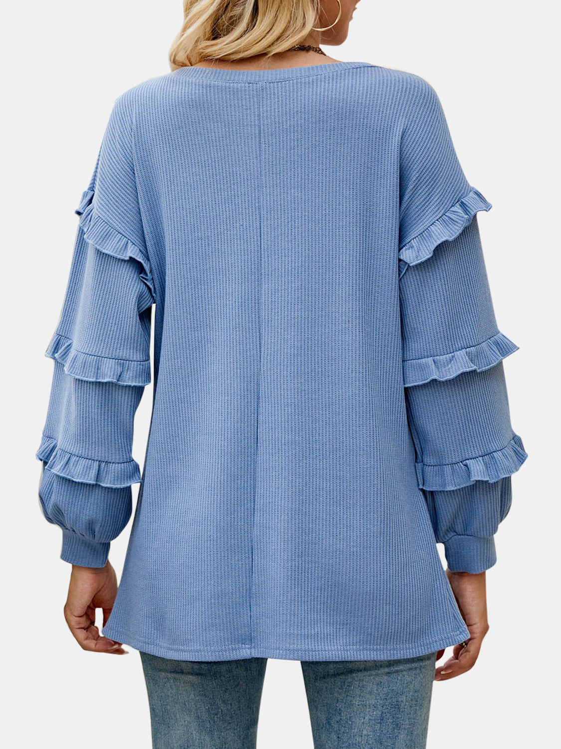 Women's Cotton Ruffled V-Neck Long Sleeve T-Shirt