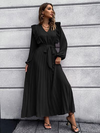 Long Sleeve Maxi Dress Pleated Surplice Waist Tie Midi