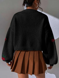 Fashion Sweater Cherry Graphic Open Front Dropped Shoulder Cardigan