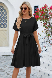 Ladies Pleated Tie Waist Short Sleeve Short Dress