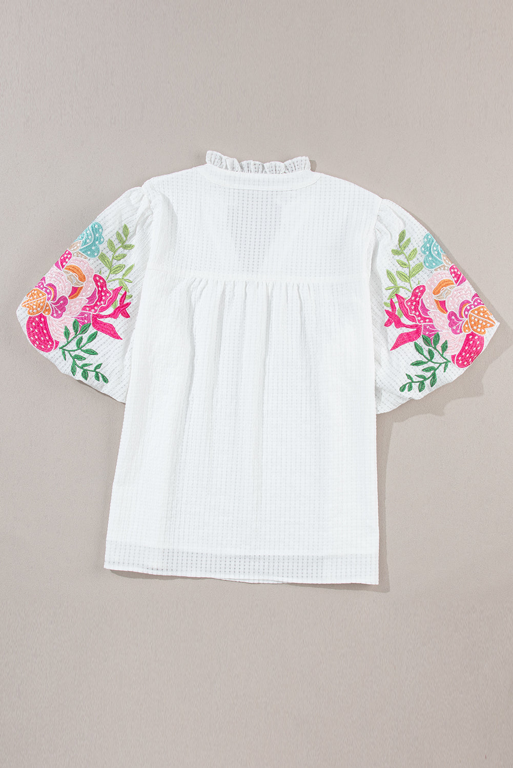 White Embroidered Notched V Neck Half Sleeve Blouse New Women's Fashion White Short Sleeve Shirt Boho Print