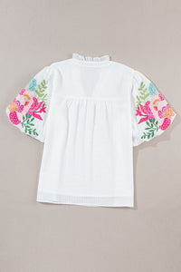 White Embroidered Notched V Neck Half Sleeve Blouse New Women's Fashion White Short Sleeve Shirt Boho Print