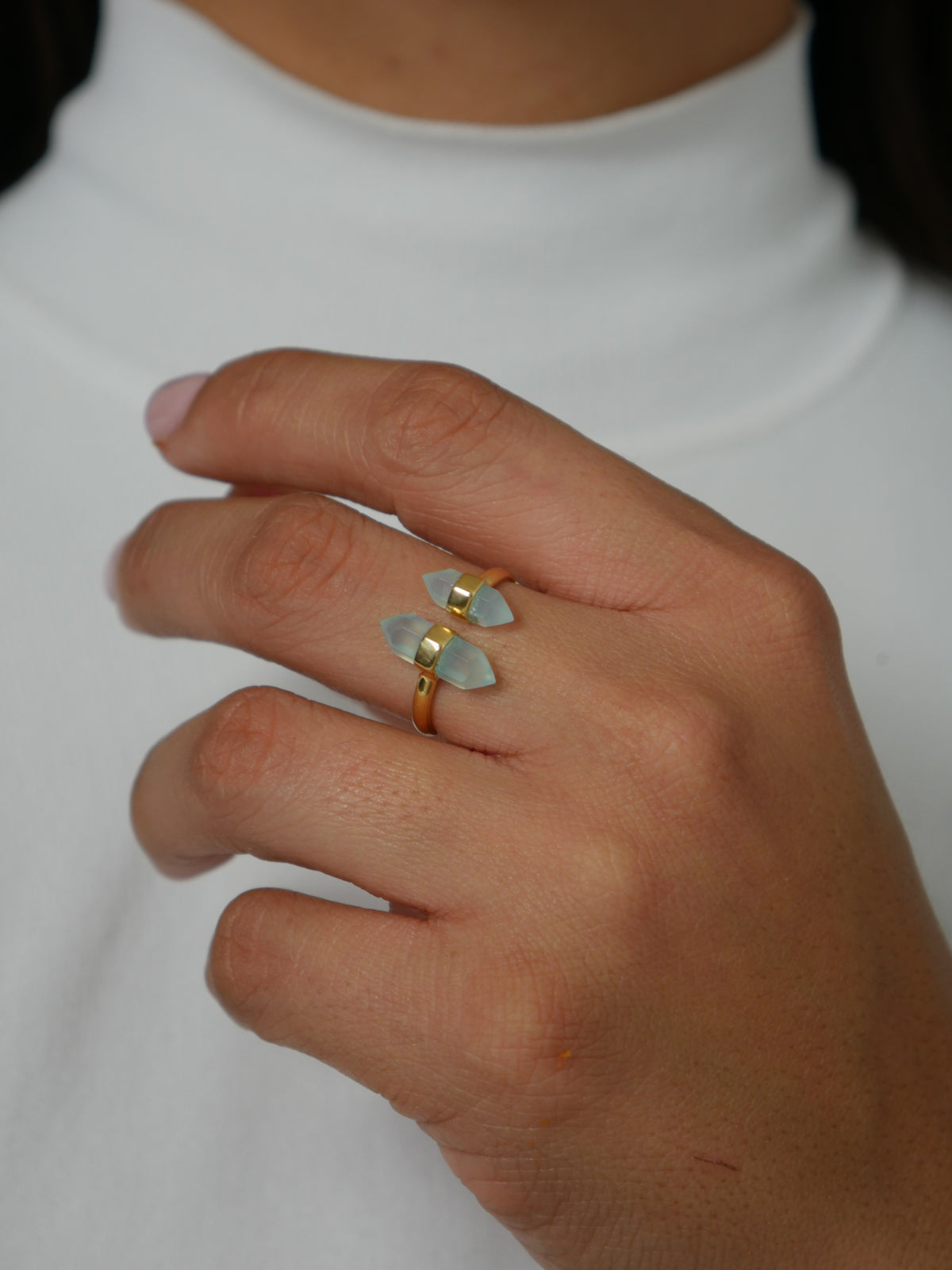 rings with crystals and gemstones, chalcedony adjustable ring14k gold plated sterling silver .925 waterproof, dainty designer rings that wont tarnish or turn green. Festival jewelry, vacation jewelry, gift ideas, unique adjustable rings, influencer style, popular, trending, waterproof Kesley Boutique 